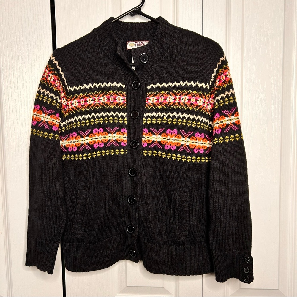 Vintage Tiara International Sweater Woman Small Cardigan Ramie Fair‎ Isle Y2K
